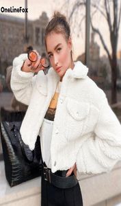 OneLineFox White Casual Fake Fur Coat Korean Fashion Lambool Faux Crop Jacket TurnDown Collar Lång ärm överrock Höst Women9414865