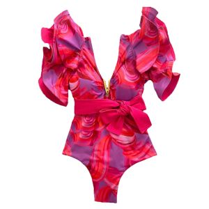 Badkläder 2024 NYTT UTSKRIFT Ruffle One Piece Swimsuit Off The Shoulder Swimwear Women Sexig Swimsuit Deepv Bathing Suits Beach Wear Swim Suit