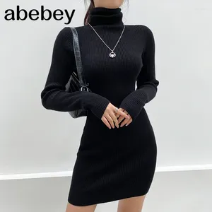 Casual Dresses Solid Long Sleeve Knitted Bodycon Autumn Winter Dress Women Mini Basic Slim Turtleneck Black Vestidos