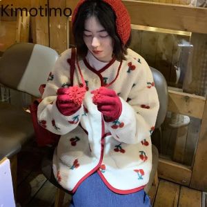 ジャケットKimotimo Sweet Lambswool Cherry Print Jackets女性秋のファッション濃厚Y2Kショートコート日本スタイルカジュアルロパミュージェル