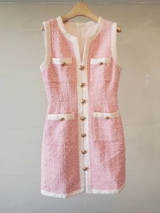 Francês pequena fragrância doce meninas rosa tweed vestido das mulheres sem mangas v pescoço quatro bolsos zíper botões dourados tanque vestidos 240226