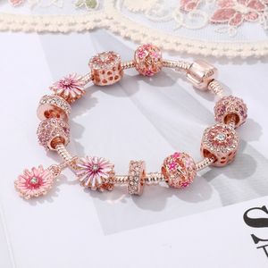 Novo atacado pequena margarida flor pulseira estilo grande buraco grânulo rosa ouro diy frisado pulseira marca designer clássico jóias