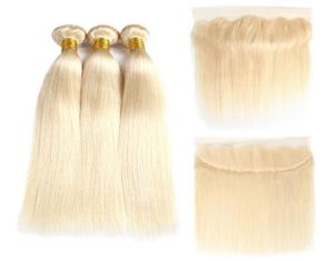 Brasilianisches reines Haar 613 Blonde 3 Bundles mit 134 Lace Frontal gerade Menschenhaar-Webart-Bündel mit Ohr-zu-Ohr-Verschluss 4305207