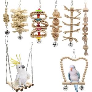 Toys 8 Pcs/set Bird Parrot Swing Chew Toys Natural Wood Hanging Bell Birds Cage Toy for Small Parakeets Cockatiels Bird Supplies C42