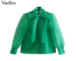 Vadim kvinnor gröna organza blus lykt ärm båge slips krage stilfull kvinnlig casual skjorta långärmad solida toppar blusas la898 y205614807