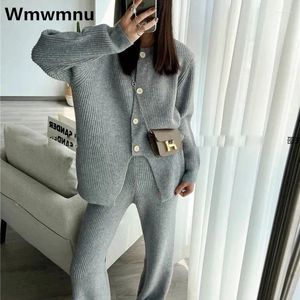 Calças femininas de duas peças elegantes malhas conjuntos camisola macia cardigan topos terno malha perna larga pantalones conjunto casual conjunto de malha