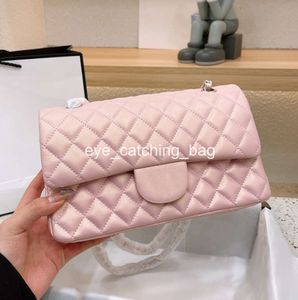 10A Iridescent Pearly Pink Classic Double Flap Bags With Silver Metal Hardware Chain Crossbody Shoulder Luxury Designer Tote Multi Pochette Handbags 25CM