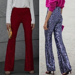 Pantaloni da donna Elastici a vita alta con paillettes svasati decorati per pantaloni lunghi slim fit da donna con feste