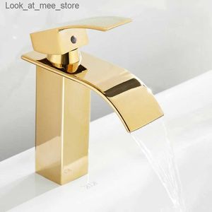 Bathroom Sink Faucets Gold/chrome/black chrome plated brass waterfall bathroom basin faucet square dressing table sink mixer cold and hot single handle Q240301