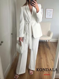 Kondala Office Lady White Blazer Suit långärmad V Neck Sashes Blazerhigh midjan Wide Ben Pants Fashion 2023 Set 240226