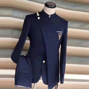 Suits Navy Blue Men Suits Mode New Stand Collar Senaste Design Chic Male Suit Smart Casual Wedding Groom 2 Piece Set Blazer Pants