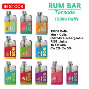 Original Rum Bar Tornado Box Vaper 15000 Puff Disposable Vape Starter Kit 22 ml Batteri 850mAh Uppladdningsbar e-cigarett Vape 15FLAVERS I SROCK