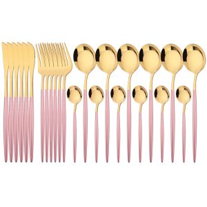 Frame 24pcs Pink Gold Dinnerware Set Stainless Steel Cutlery Set Knives Forks Tea Spoons Dinner Set Kitchen Tableware Sierware Set