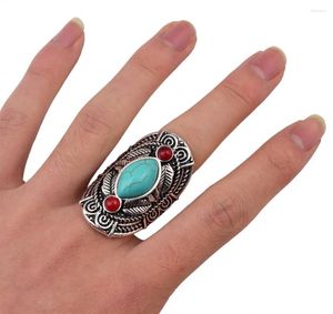 Cluster Rings Boho Ethnic Tibet Turquoise For Women Men Retro Silver Color Adjustable Carved Gypsy Tribal Pakistan Afghan Indian Jewelry