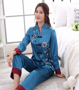 2st kinesiska stil kvinnor broderi blomma pyjamas set satin pyjamas kostym nyhet knapp sömnkläder m l xl xxl 3xl5325821