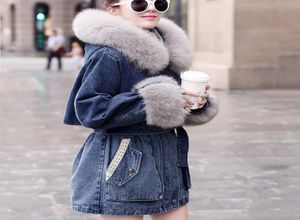 Mulheres inverno velo forrado preto denim casaco feminino gola de pele do falso jean jaqueta senhoras quente com capuz parkas plus size blusão 20106257774
