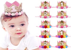 Baby Girls Flower Crown Opaski urodzinowe Tiara Fairbands Kids Princess Hair Akcesoria brokat błyskak