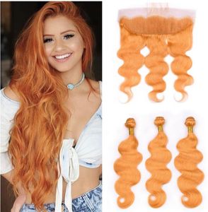 Body Wave Orange Lace Frontal z wiązkami Brazylijskie dziewicze ludzkie włosy splaty z koronkowym czołowym 13x4 Orange proste z przodu 9921153