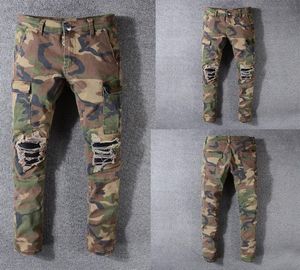 Men039s jeans estilo italiano homens jeans exército verde camuflagem retalhos calças casuais fino ajuste marca streetwear estiramento biker9229301