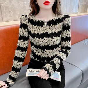 Kvinnors T-skjortor Autumn Winter Printing Tops Vintage Fashion Ladies O-Neck Pullovers Long Sleeve T-Shirts 2024 Slim Elegant Clothing