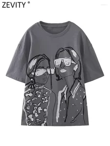 女性のTシャツZevity女性ファッションウォッシュエフェクトプリントグレーカラーカジュアルシャツ女性Oネックショートスリーブビーズシックトップス