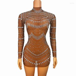 Scene Wear Bar Nightclub DJ Singer Sexiga Rhinestones Transparent Mesh Bodycon Short Dress Concert Performance Dance Costume