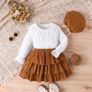 Clothing Sets Baby Girls Clothes Set Autumn Doll Collar Long Sleeve Shirt And Layered Ruffles Skirt Beret Hats Outfits Children Suit