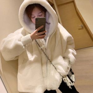 Pelz Weiß Nachahmung Lammwolle Mit Kapuze Faux Pelzmantel Casual Frauen Dicke Warme Pelz Jacke Mode Koreanische Plüsch Zipper Up Outwear