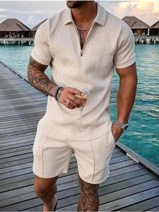 남성용 트랙 슈트 폴로 슈트 패션 남자 세트 남성 단색 여름 v- 넥 지퍼 짧은 슬리브 셔츠 반바지 2 조각 캐주얼