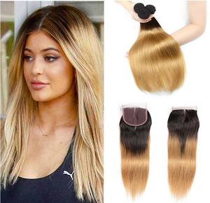 Cheap Peruvian Ombre Virgin Hair Weaves With Closure 1b 27 Straight Blonde Lace Closure With Bundles Ombre Two Tone Human Hair Ext6545813