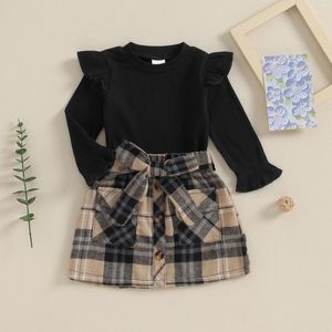 Kläduppsättningar Citgeeautumn Kids Toddler Girl Cute Outfit Ruffles Ribbed Long Sleeve Tops och Plaid Print Kirt Belt Set Fall Clothes