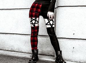 2019 Gótico Vermelho Xadrez Pentagrama Calças Cintura Alta Oco Pentagrama Leggings Cintura Elástica Calças Lápis Skinny Leggings Punk Y202290726