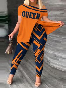 Plus size roupas casuais conjunto de duas peças feminino colorblock carta impressão um ombro split hem médio estiramento superior legging 240226