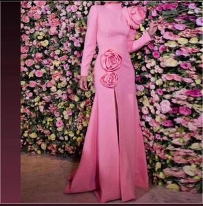 Abiti casual Arabia Saudita Rosa Elegante fiori da sera Maniche lunghe Abito da festa Sirena Raso formale Lunghezza pavimento Abiti da ballo da donna