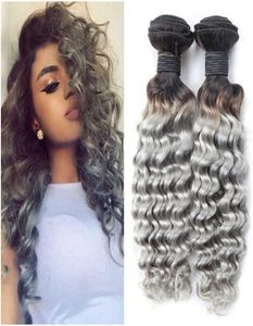 Reines peruanisches Menschenhaar 1BGrey 2Tone Ombre Weaves Deep Wave Wavy Virgin Hair Wefts Extensions 3Pcs Ombre Silver Grey Human Hai5764752