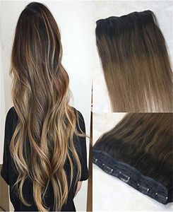One Piece Clip in Human Hair Extensions 70G Ombre Balayage Dark Brown to Medium Brown Remy Hair Weft Clip Ins Color 262020578
