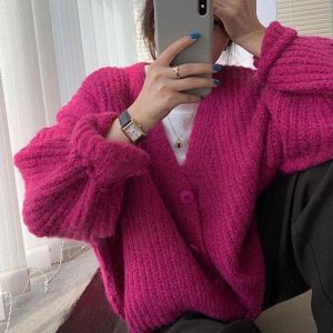 Cardigans Rimocy Rose Oversize Sweater Cardigan Women Autumn Winter V Neck Knitted Cardigans Woman Korean Button Up Loose Knitwear Coat