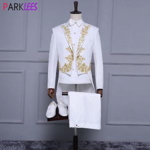 Ternos masculinos bordados dourados 4 peças blazer branco smoking (jaqueta + calça + blet + gravata) pianista baile de casamento jantar de cauda engolida 2xl