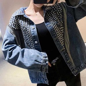 Jaquetas femininas jaquetas borla rebite primavera denim preto escuro outwear streetwear punk moda jeans casaco 240301