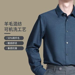 メンズドレスシャツナイザイガ50％羊ウールソリッドブルー長袖冬の温かい男性バシネスシャツps5