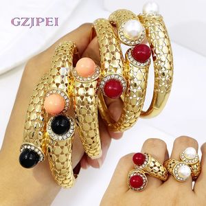 Vintage Women Armband Rings Set Cuff Bangle With Imitation Pearls Fashion Jewelry Wedding Party Accessories Gift 240228