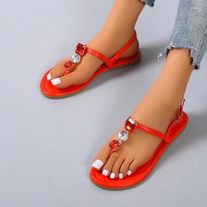 Casual Shoes Sandals Women's 2024 Summer Fashion Trend Comfortable Diamond Crystal Solid Color Ladies Flat Ankle Strap