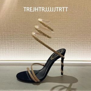 Rene Caovilla Margot utsmyckade mocka sandaler Snake Strass Stiletto klackar kvinnors höga häl lyxdesigners ankel wraparound kvällskor 34-43 med låda