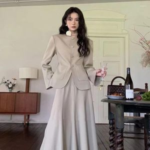 Two Piece Dress Women's Autumn Vintage Casual Round Neck Suit Coat Half Skirt Set French Loose Solid Color A-line