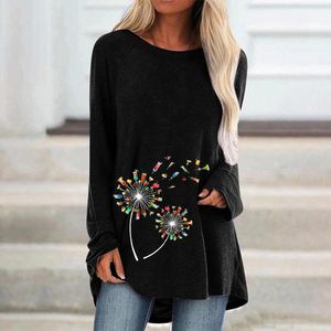 Women's T Shirts Womens Casual Crew Neck Raglan Dandelion Printing Long Sleeve Tshirts Blouse Top