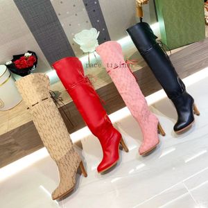 Women over the knee boot Interlocking Canvas Zipper Boots High Heel Top Quality Genuine Leather Printed Laces Shoes size 35-43 1.25 03