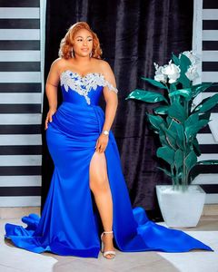 Elegant Royal Blue Prom Dresses Aso Ebi Mermaid Cap Sleeves High Slit With overskirt Lace Appliques Long Evening Party Gowns African Robes