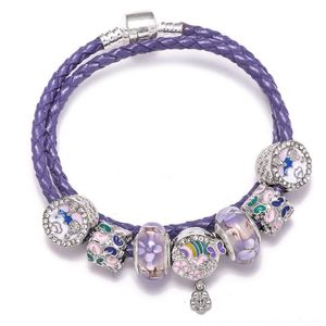 T GG Purple Luxury Style Bracelet Double Loop Leather Rope Bracelets Female Enamel Daisy Beaded Pendant Bracelet Classic Diy Jewelry Wholesale