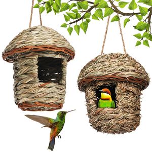 Hummingbird House, Hand Woven Bird Nest for Outdoors Hanging, Small Grass Bird Houses Natural Fiber Bird Hut Roosting Pocket for Finch Canary Chickadee