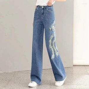 Women's Jeans Chinese Style Embroidered Wide-Leg 2024 Spring Straight High Waist Loose Plus Size Slim Mop Cowgirl Pants